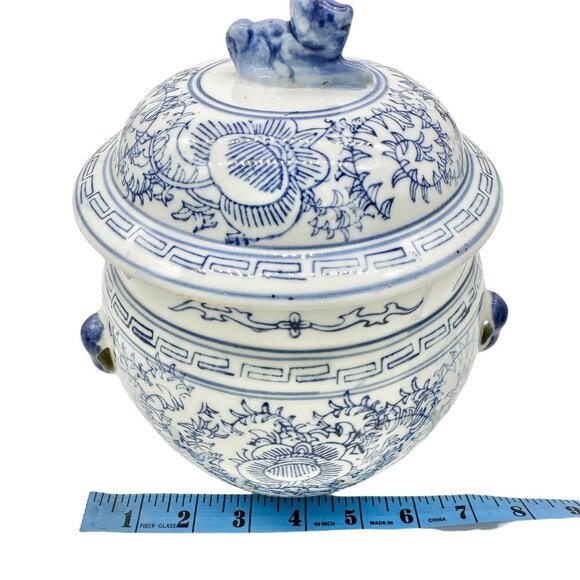 Vintage Ceramic Lidded Jar Blue White Floral Design and Animal Figurine Topper - Picture 2 of 9